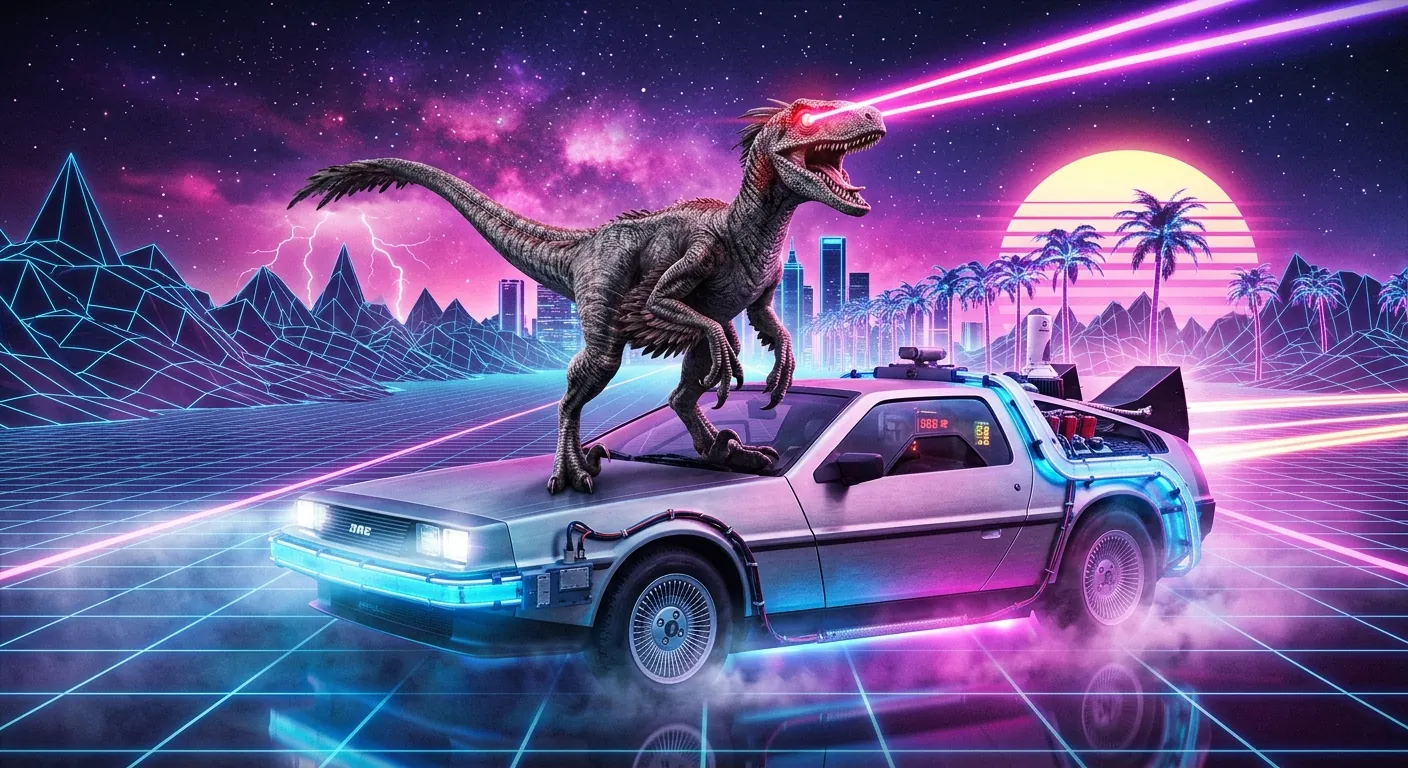 A raptor with laser eyes standing on a neon DeLorean on a synthwave grid